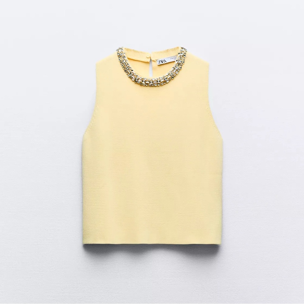 Zara Light Yellow Tank Top with Chain Accent